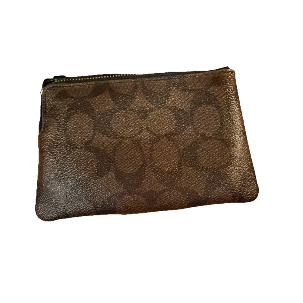 Coach Brown Stripe Logo Wristlet Wallet Corner Zip Coated Canvas‎ Leather